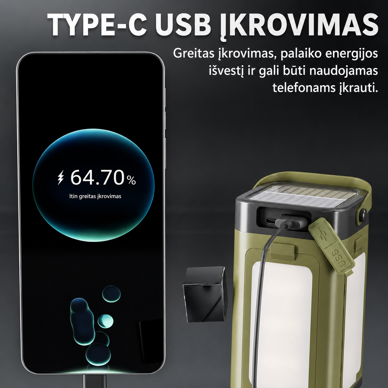 Sulankstomas įkraunamas kempingo žibintas su saulės baterija