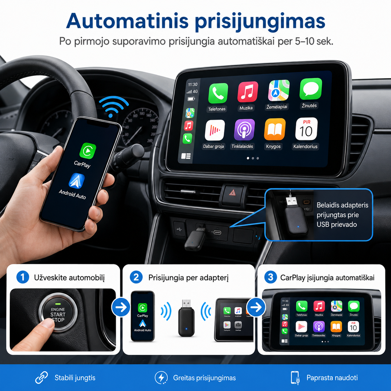 Belaidis CarPlay / Android Auto adapteris automobiliui