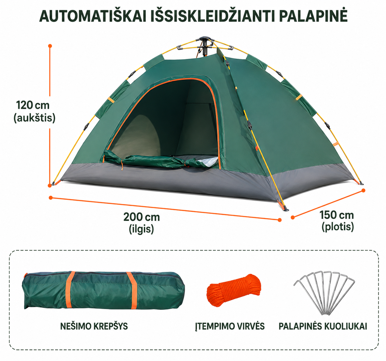 Automatiškai išsiskleidžianti turistinė palapinė 2–3 asmenims