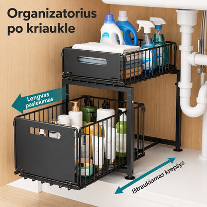Ištraukiama 2 lygių lentynėlė po kriaukle – reguliuojamas virtuvės ir vonios organizatorius