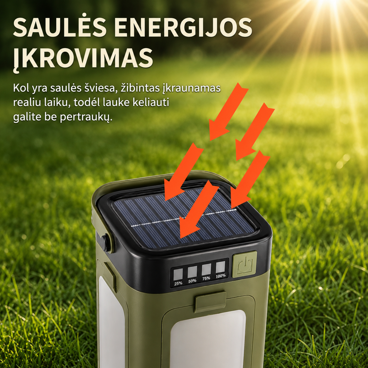Saulės Energija Įkraunamas Kempingo Žibintas - nuotrauka 4